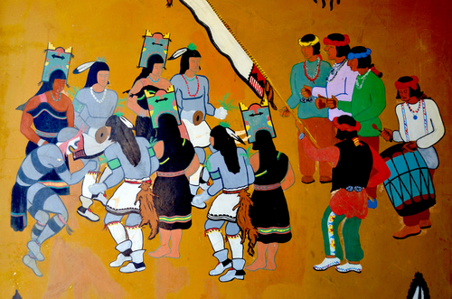 Painting of Hopi dancers, wearing traditional ceremonial costumes