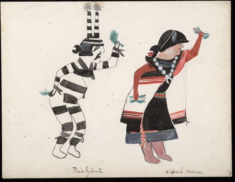 Picture shows drawing of a Koshari clown in striped body paint and cap with horns from 1899.