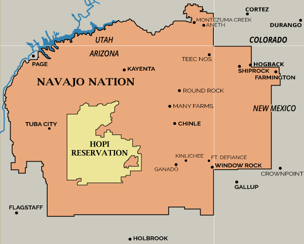 map showing how hop reservation is surrounded on all sides by the Navajo reservation