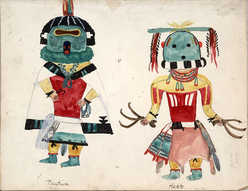 Picture shows drawing of pautiwa (zuni sun god) Kachina and Hakto (Zuni Wood Carrier) Kachina, 1900.