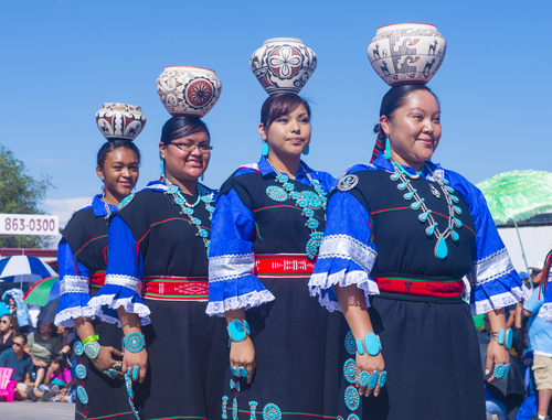 Zuni tribe women with traditional costume participates at the 92 annual Inter-tribal ceremonial parade in this picture.