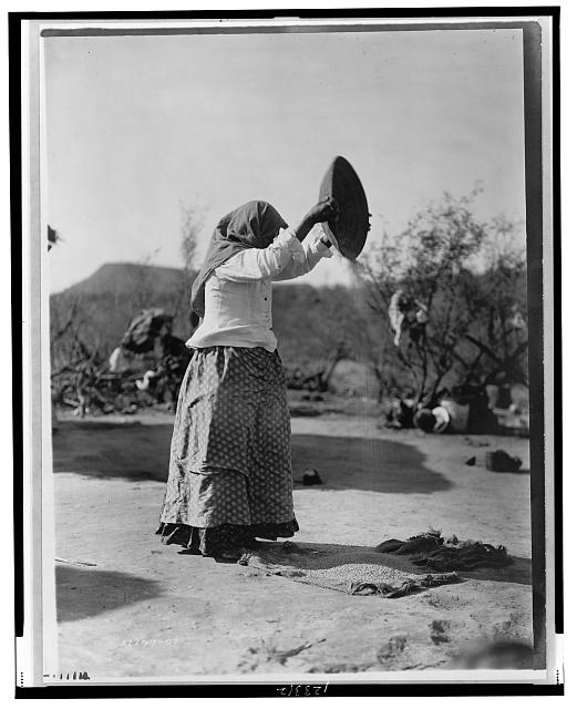 icture shows Oodham women winnowing wheat, ca. 1907