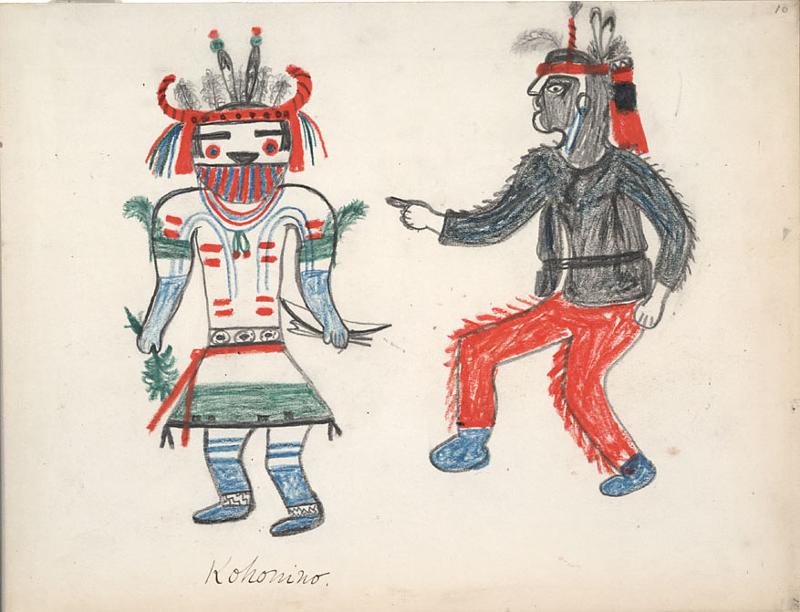 Picture shows The close relationship between the Hopi and Havasupai is reflected in this 1899 drawing of a Kohonino katchina who is interacting with a Hopi impersonating a Havasupai.