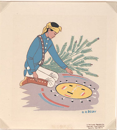 Drawing of a Navajo man making a sand painting, by Harrison Begay