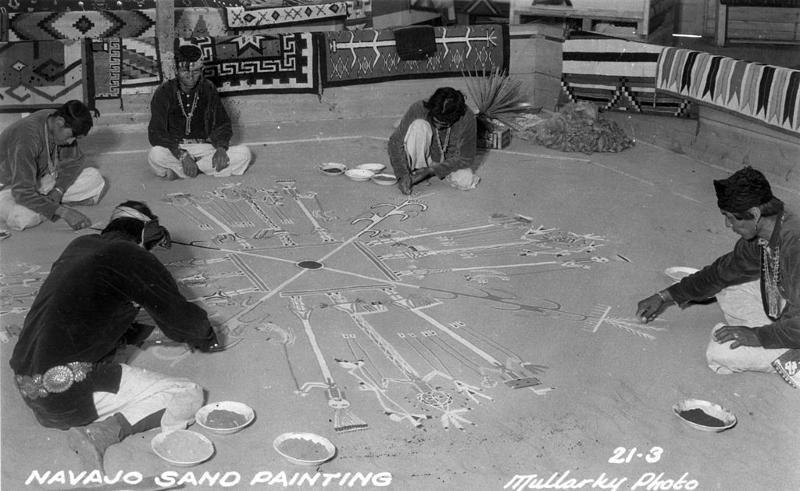 Navajo men working on a sandpainting, ca. 1890-1910