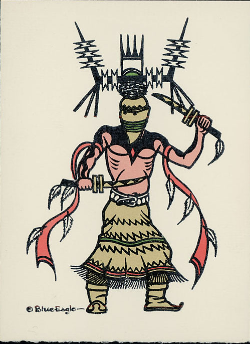 Picture shows drawing of Apache crown dancer by Acee Blue Eagle