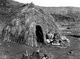 Picture shows Apache wickiup, 1903. The semi-sedentary Western Apache constructed wickiups to live in, much like the early hogans built by the Navajo.